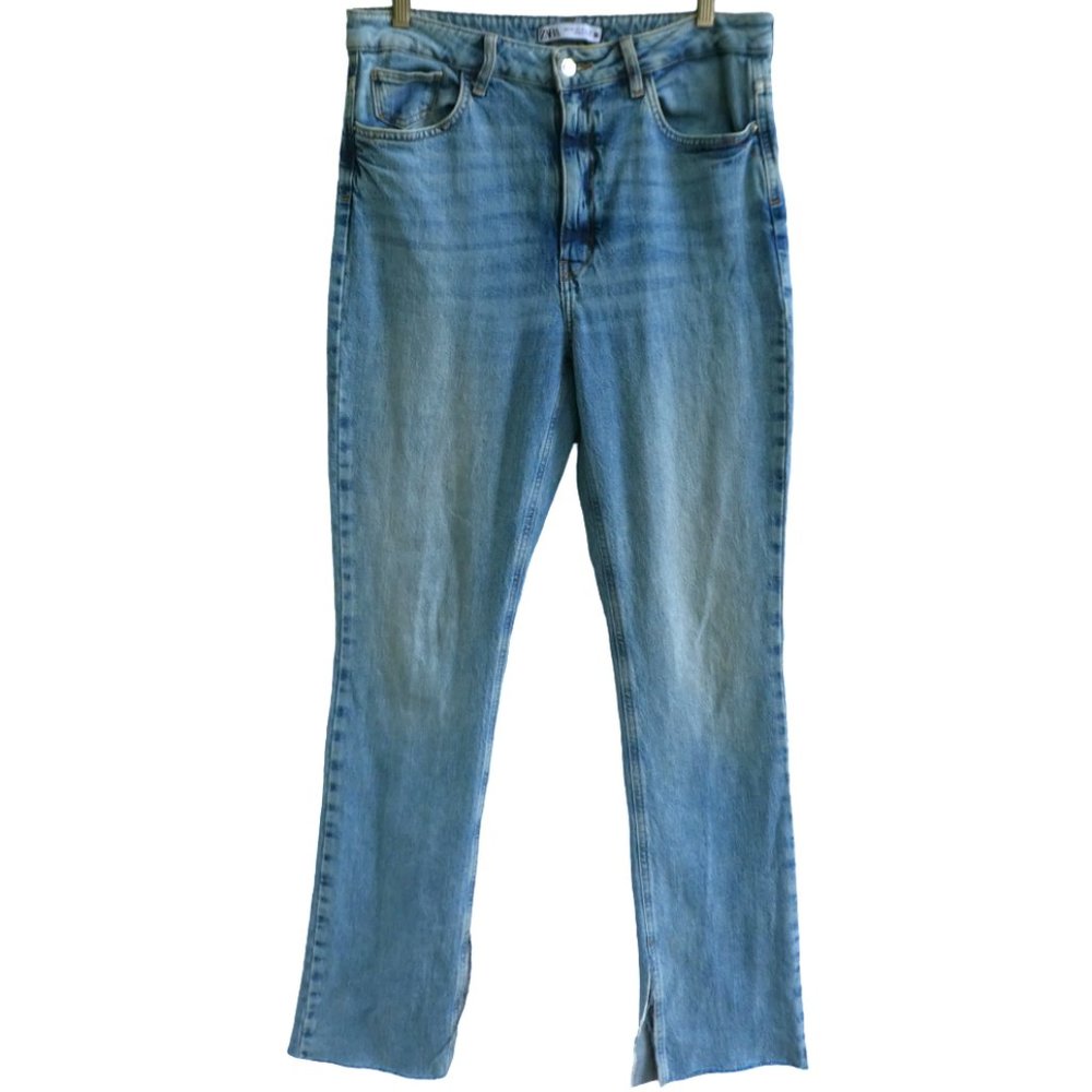 32x34 Zara Denim Jeans New Slim Flare Raw Frayed Split Leg Hem Medium Wash High